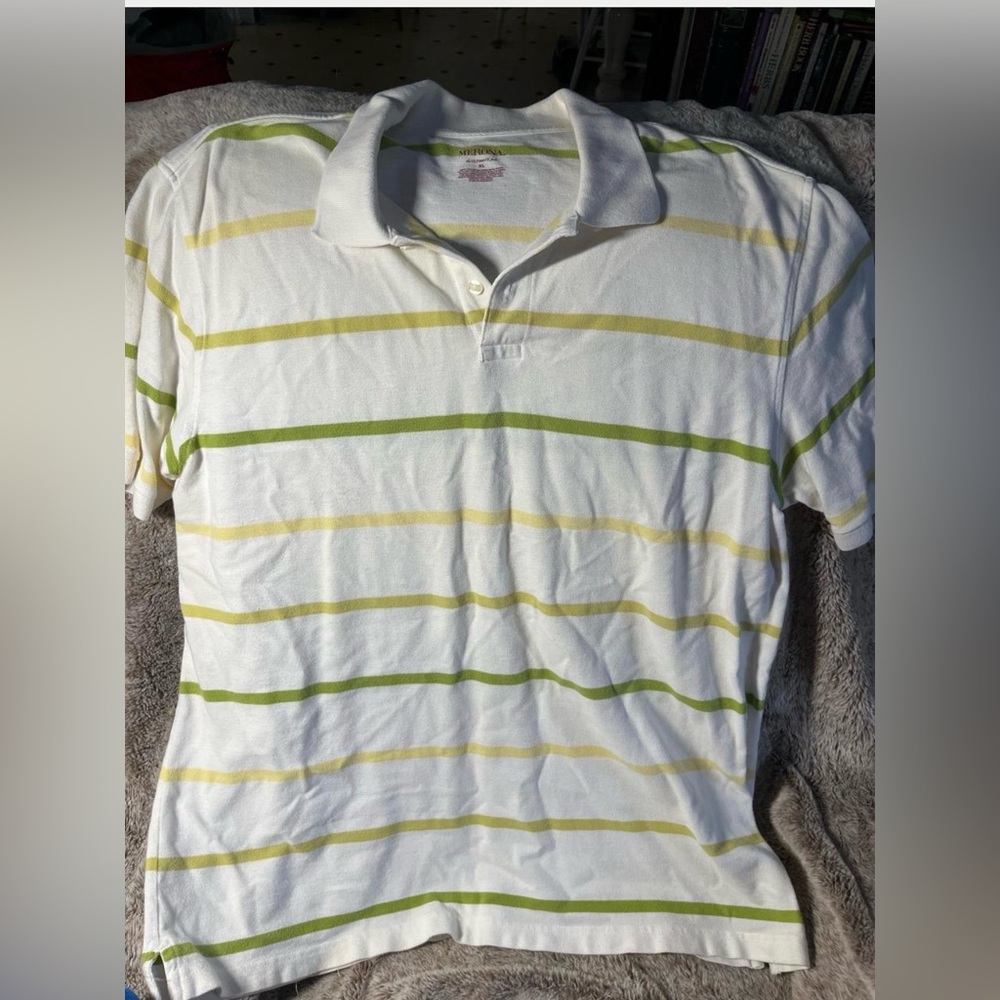 Merona White Polo with Yellow and Green Stripes